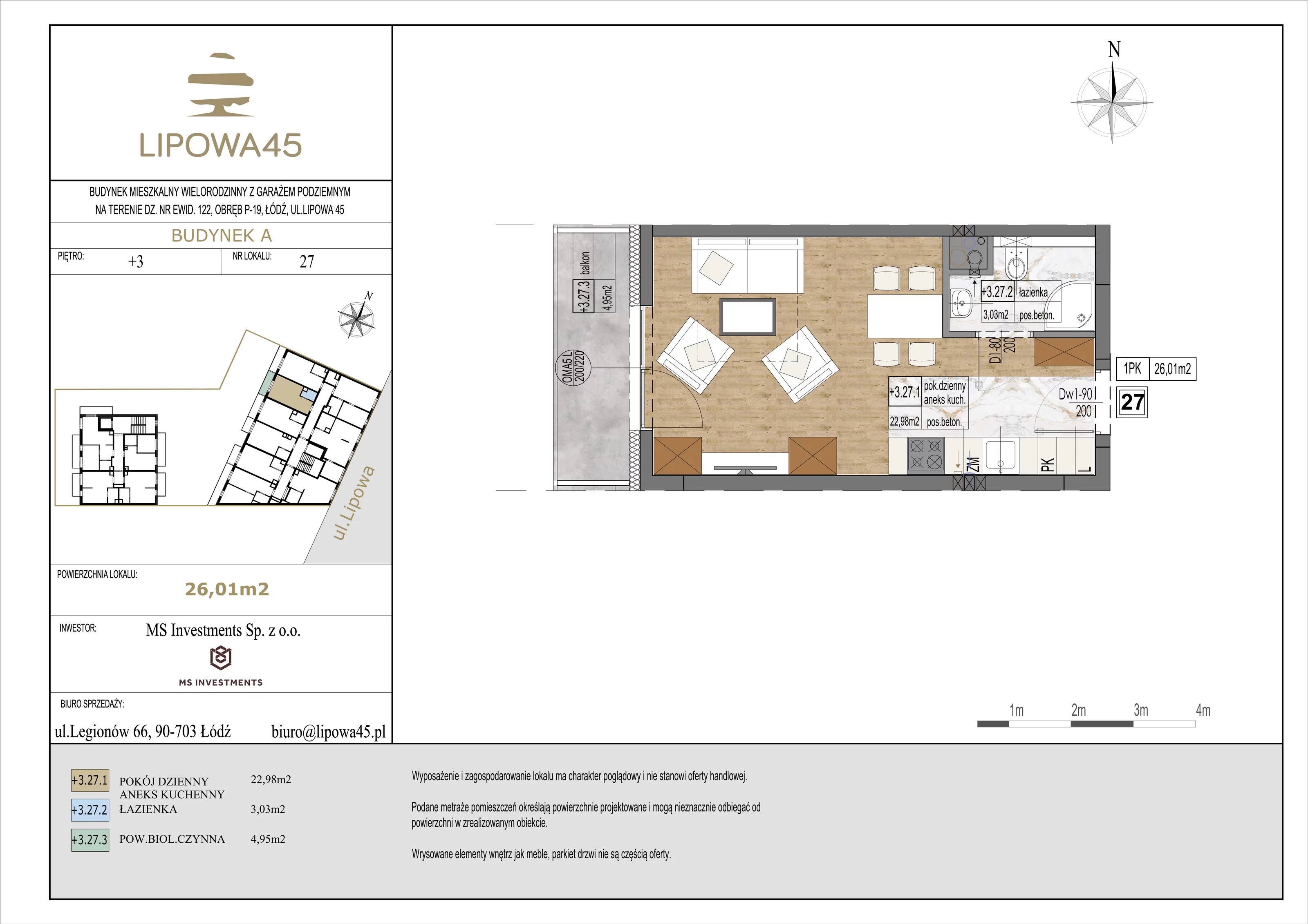1 pokój, mieszkanie 26,01 m², piętro 3, oferta nr 27, Lipowa 45, Łódź, Polesie, ul. Lipowa 45